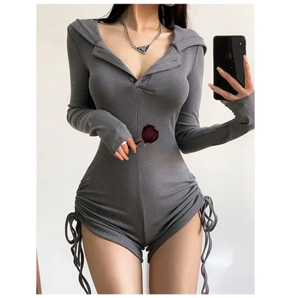 American Style Casual Hooded Jumpsuit Women's Slimming Fitness Clothes Tight High Waist Long Sleeve Yoga One-Piece Suit