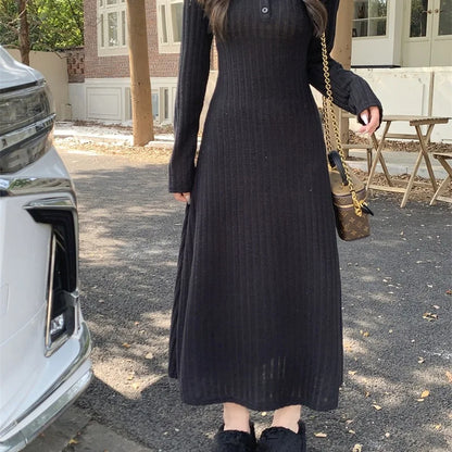 French Style Long Sleeve Knitted Dress Vintage Waist Cinching A- Line Skirt Women Autumn Winter New Arrival Slimming Inner Wear
