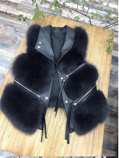 Autumn Winter Splicing Imitation Fox Fur Grass Vest Women Short Jacket 2025New Fashion Versatile Sleeveless Lady Waistcoat Coat