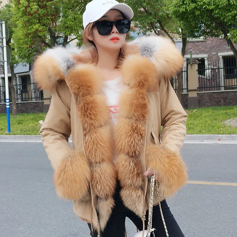 MAOMAOKONG 2025 & 2026 Real Fur Coat New Fashion Fox Fur Collar Winter Women's clothing Removable Lining Thickened Jacket Short Parka