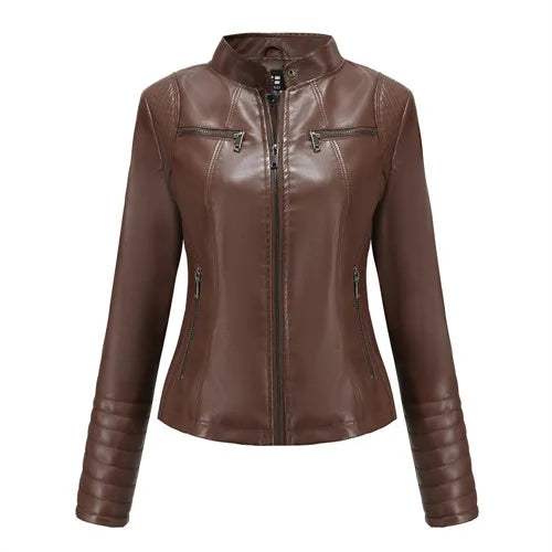 Women's Slim Leather Jacket, Stand-up Collar, Zipper Stitching, Monochromatic Coat, Fashion Clothing, New