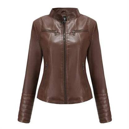 Women's Slim Leather Jacket, Stand-up Collar, Zipper Stitching, Monochromatic Coat, Fashion Clothing, New