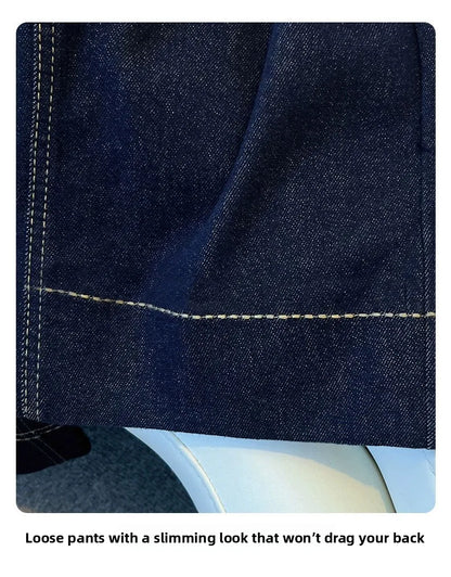 Female Trousers Women Button Zipper Closure Pockets Cozy Lady Pants Stylish Navy Blue Denim High Waisted Wide Leg Casual Jeans