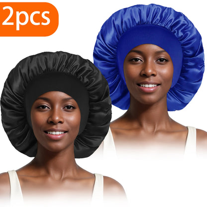 2pcs Women's Fashion Bonnet Large Wide Edge Elastic Hat Casual Silk Smooth Tint Suitable for Curled Straight Hair Sleeping Hat