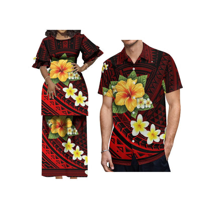 Plus Size Women 2 Piece Outfits Sets Dress New Wholesale Custom Polynesian Tribal Design Petal Sleeve Samoan Puletasi Set