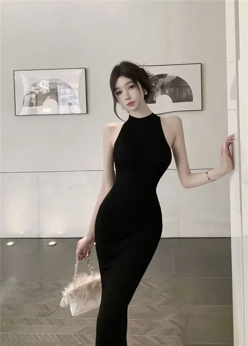 Elegant High Waist Long Sleeveless Dress Neck Hanging Wrap Skirt Slimming Goddess Style Polyester Fiber round Neck Gown