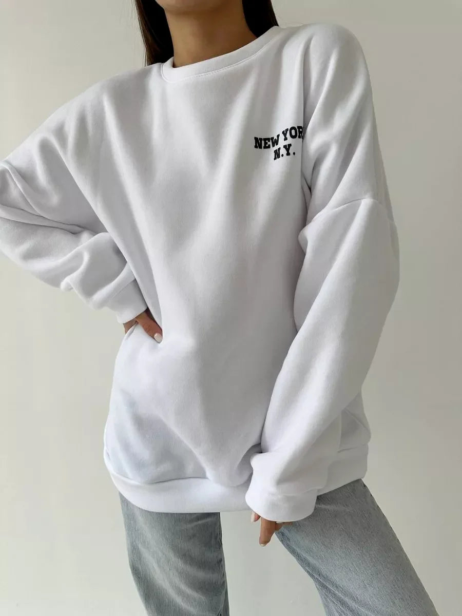 Popular Letter Printing Autumn Winter Loose Versatile Temperament Lazy Style Casual Round Neck Sweatshirt for Women