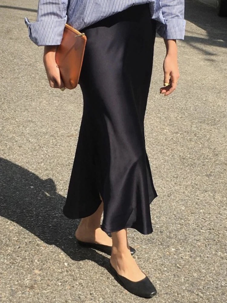 Women's Satin Skirt High Waist Elegant Midi A-line Skirt Lady's Summer Solid Champagne Vintage Silk Long Skirts for Women 2026