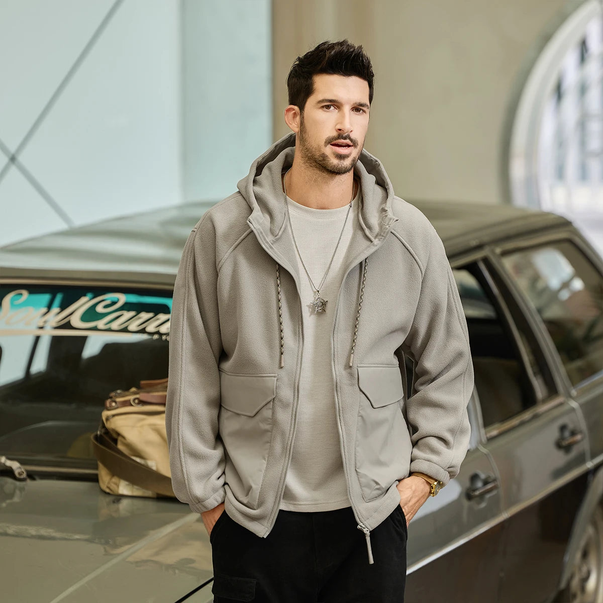 Autumn Velvet Hooded Jacket Men Outdoor Sport Techwear Loose Casual Plus Size Hoodie Cargo Jacket Outerwear Coat