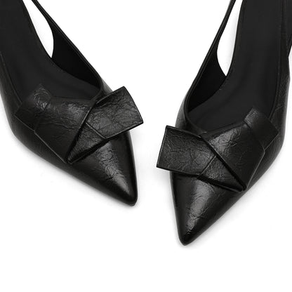 GIGIFOX Kitten Low Heels Bownkot Pointy Toe Leisure Sandals Pleated Slip-on Back Strap Flats Chic Office Ladies Shoes For Woman