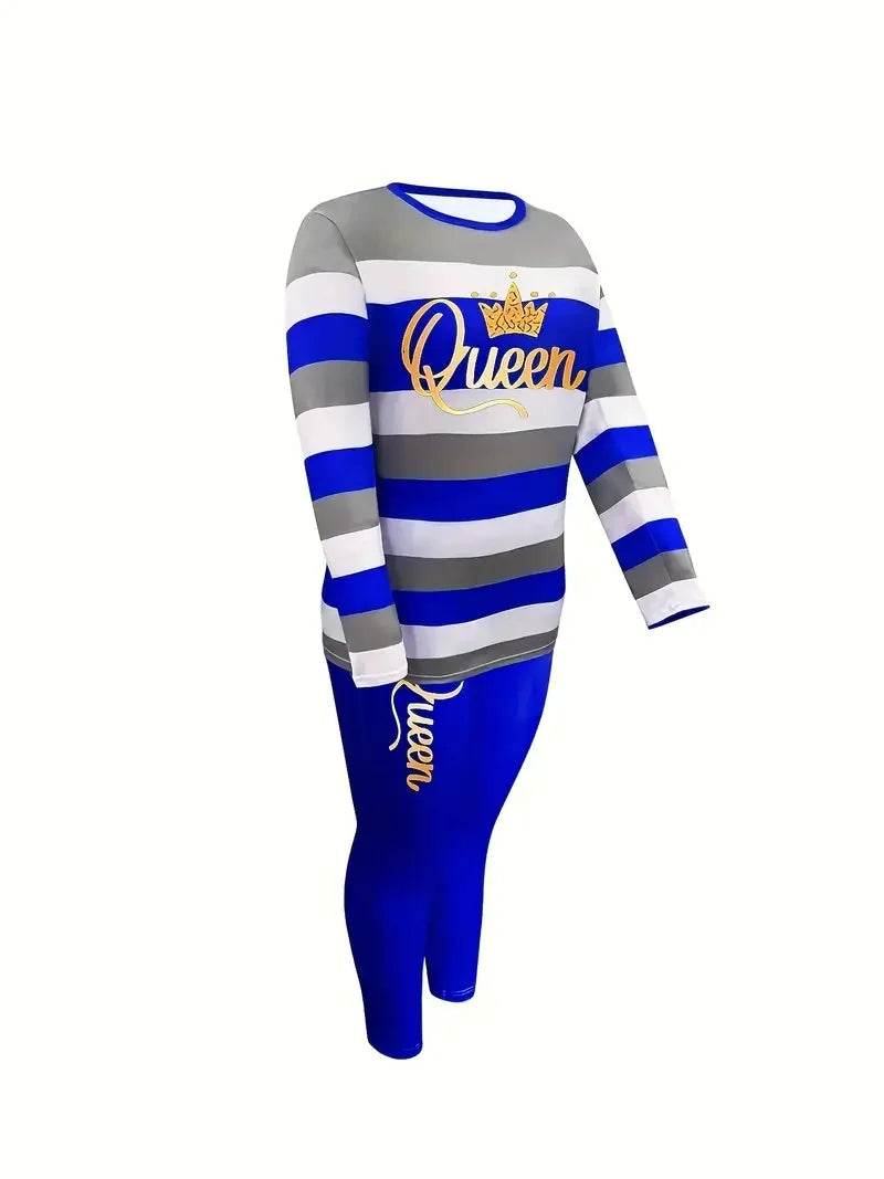 Plus Size Women's Fashion Striped Print Two-Piece Set Women's Casual Suit