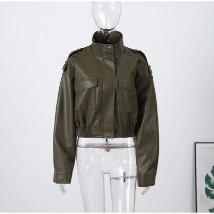 Vintage Zippers Short Leather Jackets Women's Casual Lapel Button Pockets Full Sleeve Coat 2025 Autumn New Lady Chic Streetwear