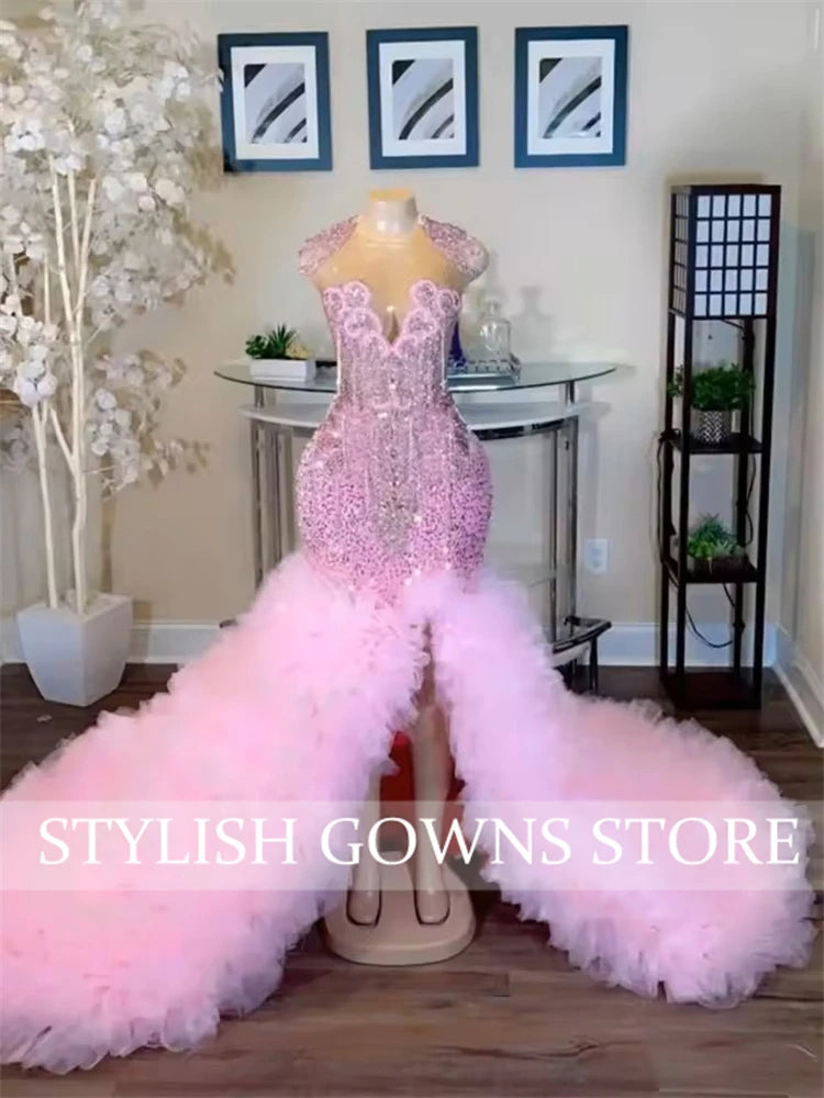 2025 New Design Luxury Pink Long Prom Dress Side Split Ruffles Tiered Glitter Beads Crystals Vestido De Novia Customized