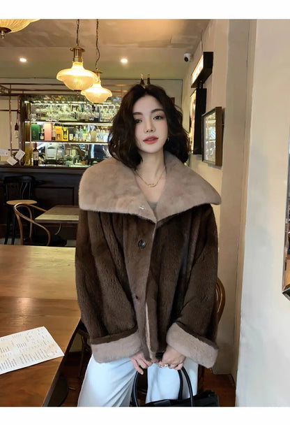 2025 New Coffee Colored Faux Mink Fur Spliced Lapel Fur Coat for Women Young and Loose