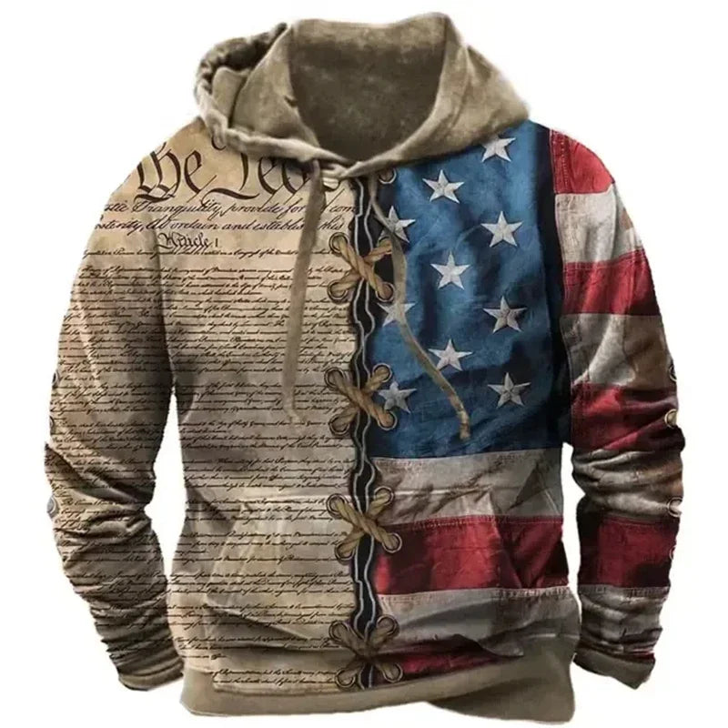Fashionable American Flag Printed Men's Hoodie Trendy Harajuku Retro Clothing Spring and Autumn New Hoodie Sportswear
