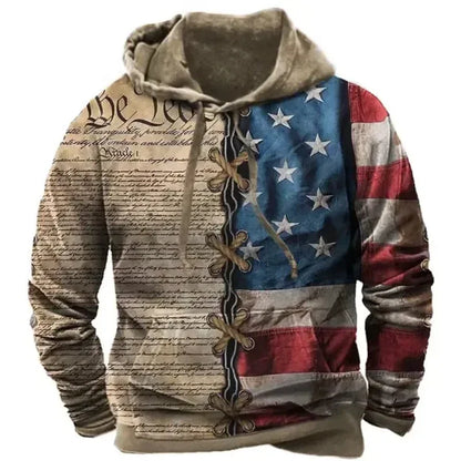 Fashionable American Flag Printed Men's Hoodie Trendy Harajuku Retro Clothing Spring and Autumn New Hoodie Sportswear