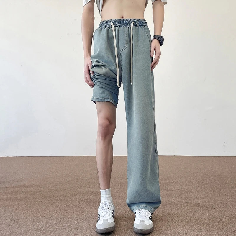 2025 New Autumn American 190 Tall Men Ice Sensation Jeans 115CM Extra Long Length Elastic Waist Thin Loose Wide-leg Clothing