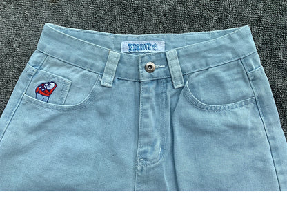 Y2K Embroidery Baggy Boy Jeans Women Streetwear Gothic Cartoon Blue Straight Jeans Retro Punk Rock High Waist Denim Trousers