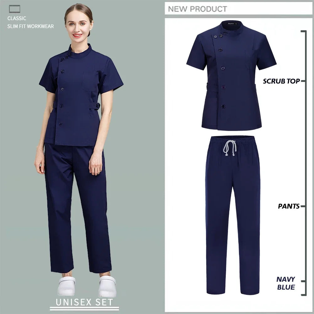 Button Closure and waist retraction Scrub Set Medical Uniforms Nurse Clothes Women Round Neck Surgical Workwear Pair Dental Suit