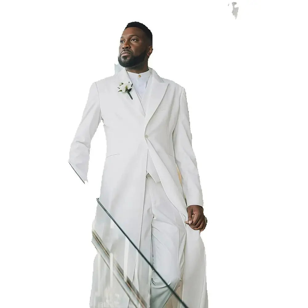 White Classic Wedding Groom Men Suits 3 Piece Long Blazer Vest Pants Satin One Button Tuxedo Formal Work Wear Prom XS-5XL