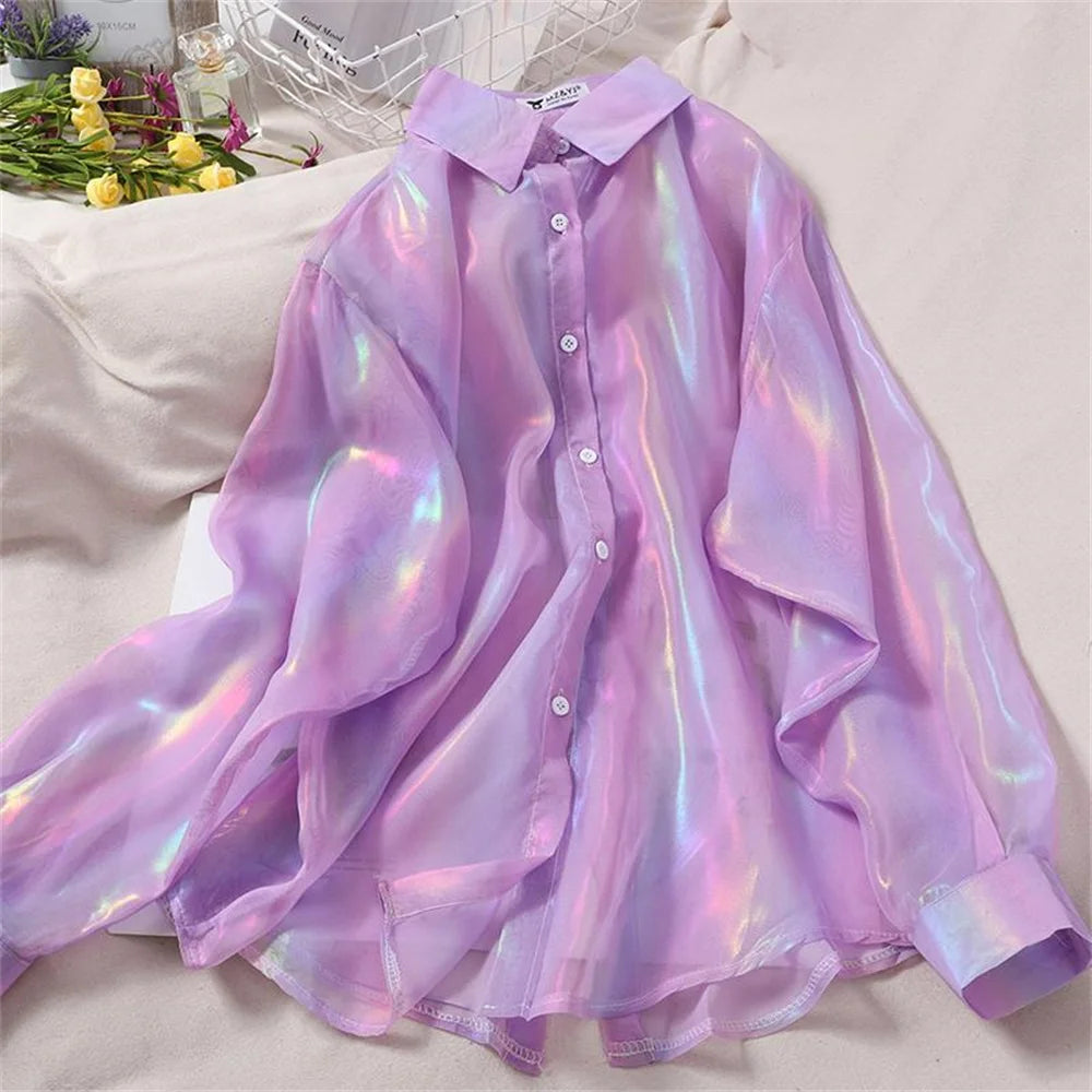 Rainbow Loose Women Tops Shirts Colors Glossy Thin Blouse Fashion Korean Long Sleeve Summer Beach Cute Ladies Tops Summer Casual