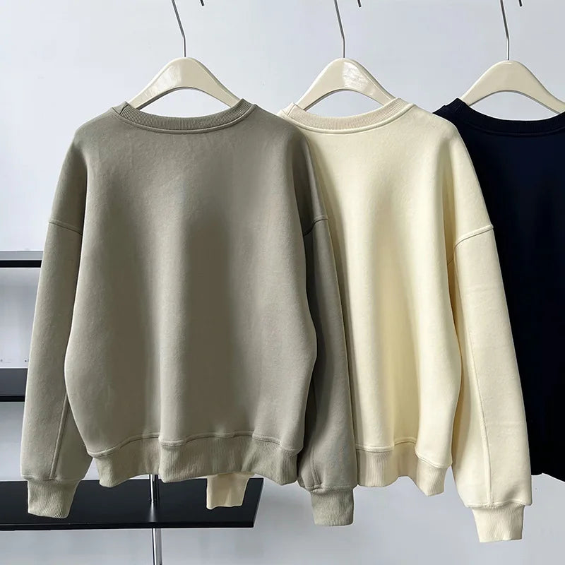 NS Pure Color Lazy Loose BF Hoodie Women's Simple Shape Sweatshirt Long Sleeve Letter Embroidery Top Casual Style Cotton Blend