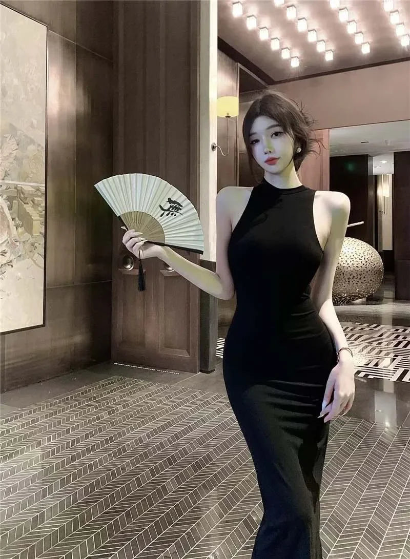 Elegant High Waist Long Sleeveless Dress Neck Hanging Wrap Skirt Slimming Goddess Style Polyester Fiber round Neck Gown