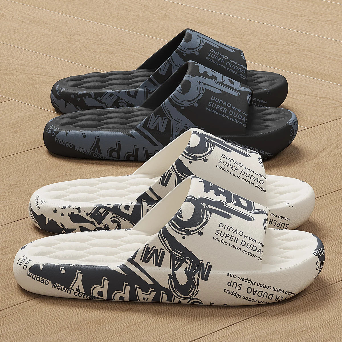 Plus Size 48 Graffiti Bear Printing Men Slippers Sole EVA Indoor Open Toe Flip Flops Beach Slides Flat Sandals Slide