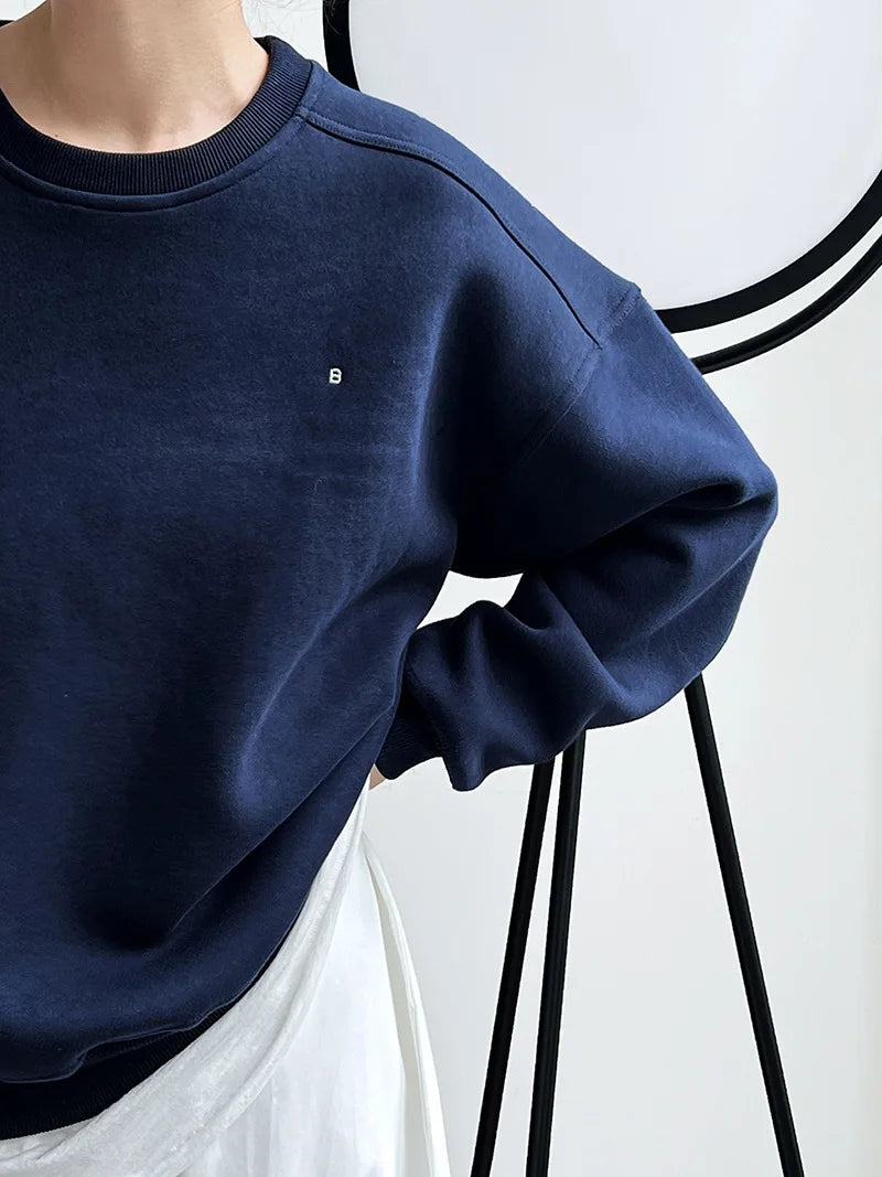 Autumn New Casual Loose Solid Hoodie Women's Embroidered Long Sleeve Top With Velvet