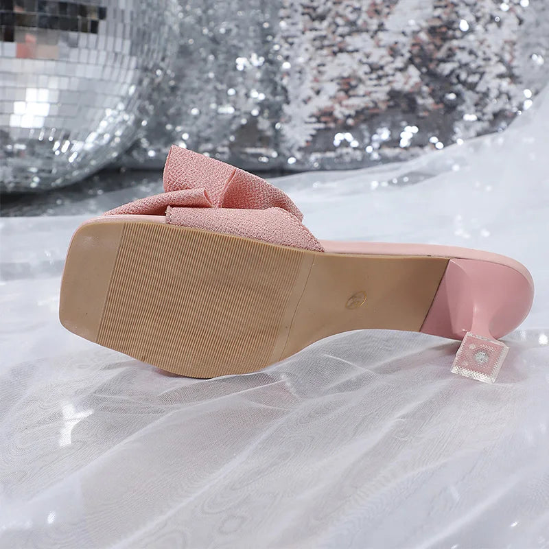Pink Bowtie Decor High Heels Sandals for Women 2025 Summer Light Square Toe Slippers Fashion Plus Size Thin Heeled Party Shoes