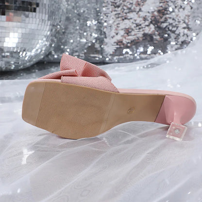 Pink Bowtie Decor High Heels Sandals for Women 2025 Summer Light Square Toe Slippers Fashion Plus Size Thin Heeled Party Shoes
