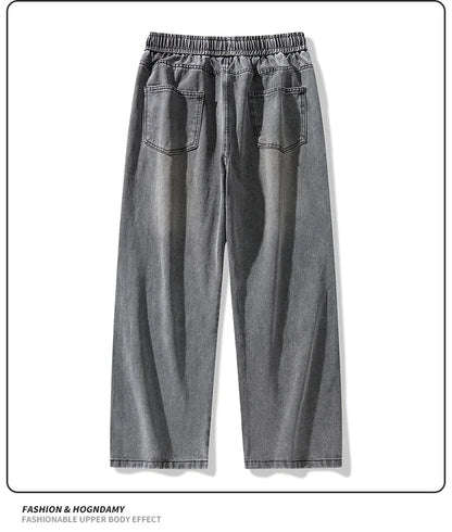 2025 Hip-hop Baggy Denim season elastic waist New Korean Men's Jeans American Loose Fit Wide-leg Straight Casual Trousers Street