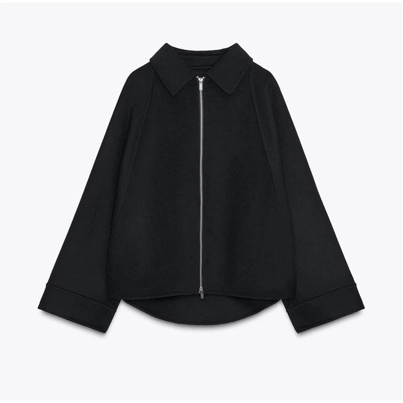 Woolen Zipper Loose Short Jacket Women Long Sleeve Lapel Solid 2025 Autumn Winter Commute Coat Street Office Warm Ladies Outwear