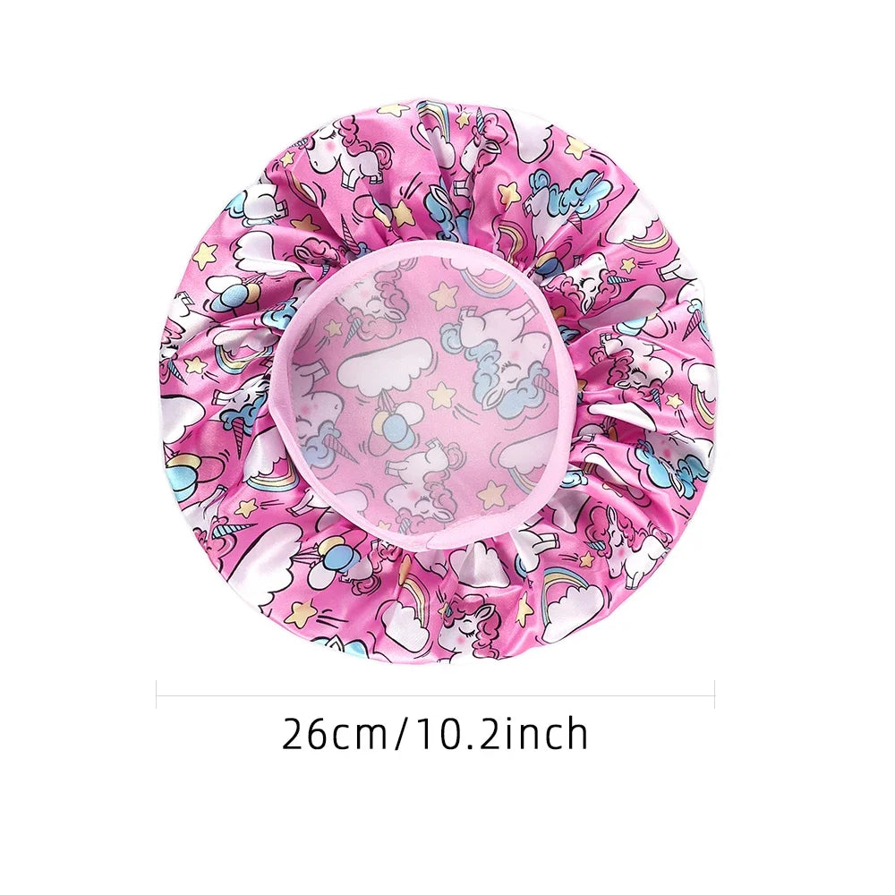 New Baby Unicorn Cartoon Print Satin Night Sleep Cap Elastic Wide Band Bonnet Hair Cover Hat Beanie Salon Bath Spa Shower Caps