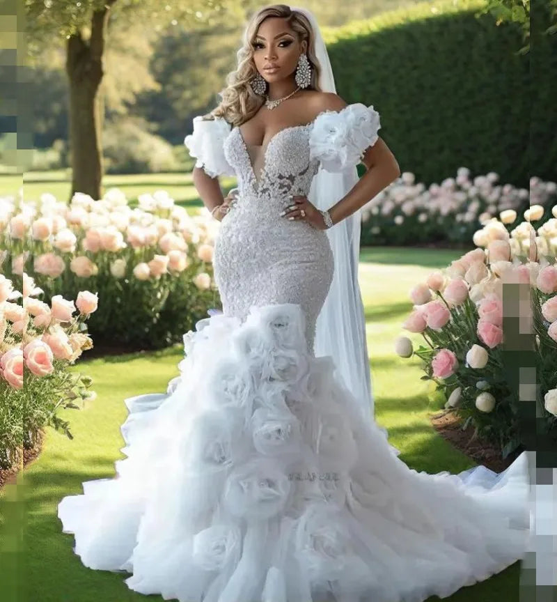 Gorgeous Wedding Dresses Luxury 2025 & 2026 Flowers African Mermaid Bridal Gowns Off The Shoulder Lace Beading Vestido Novia Customized