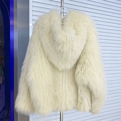 Fox Fur Coat Women's Winter Fashion Warm 100% Fox Fur Coat Hooded Long Sleeved Sweet Women's Luxury Designer Coat