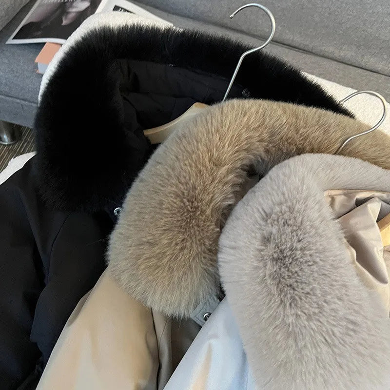 Women Big Fur collar Loose Parka Jacket Lady Medium Long Styles Down Cotton Outwear Winter Female Hooded Cotton Padded Coat