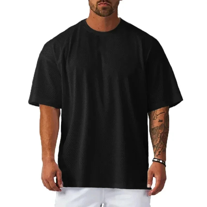 Summer Oversize Loose Sport Men's T-Shirts Outdoor Gym Fitness Bodybuilding Short Sleeve Mesh Breathable Quick Dry Men Clothing