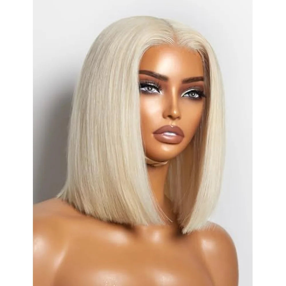 Soft Short Bob 180% Density Blonde 613 Straight Synthetic Lace Front Wig For Women With BabyHair Preplucked Glueless