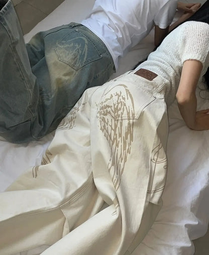 Y2k Trendy Korean Style Jeans Harajuku Retro Simple Angel Print Loose Jeans Fashion New Low Rise Solid Color Straight Leg Pants