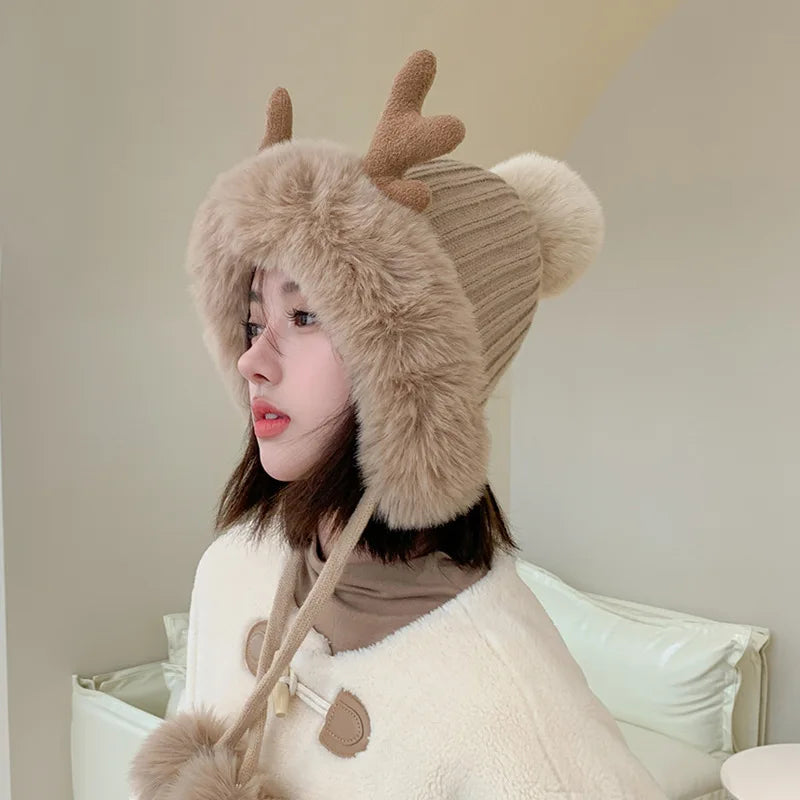 Knitted Hat Beanie Winter Warm Fleece Lined Reindeer Antlers Korean Style Cute Christmas Party Women Girls Thickened Thermal