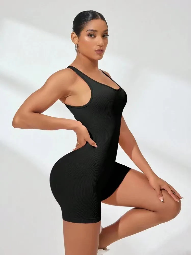 Sexy Backless Women Yoga Rompers U Neck Sleeveless Threaded Jumpsuit Solid Color Elastic Bodysuit Without Bust Pads Streetwear