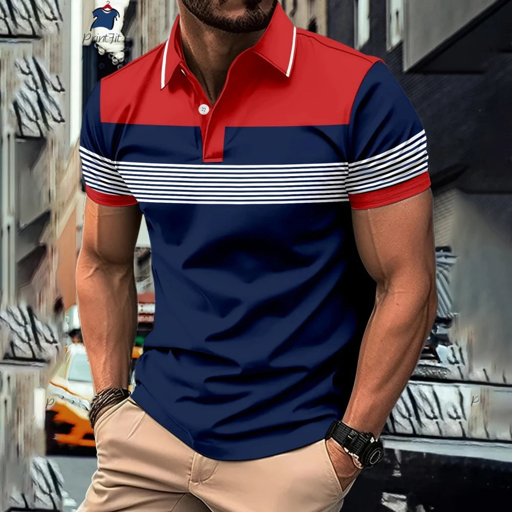 New Summer Striped Patchwork Striped Men's Polo T-shirt Fashion Lapel Button Sports Trend Street Wear Short Sleeve Top Men Shirt