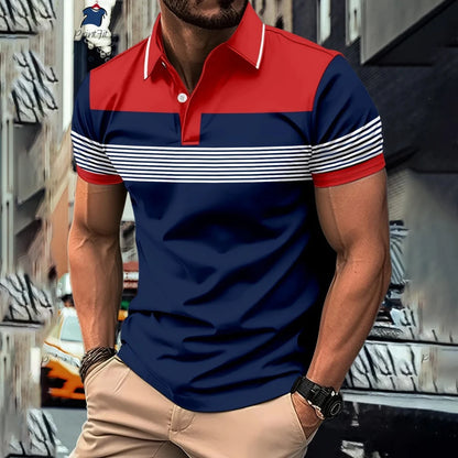 New Summer Striped Patchwork Striped Men's Polo T-shirt Fashion Lapel Button Sports Trend Street Wear Short Sleeve Top Men Shirt