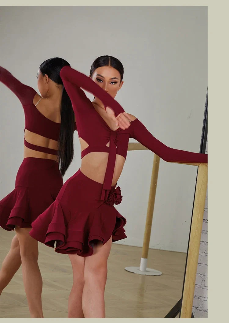 Latin Dance set Clothes Girls Long SLeeves Short Top Skirt Cha cha samba Performance Competition Dress Burgundy Black Dress Kids