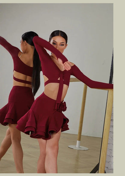 Latin Dance set Clothes Girls Long SLeeves Short Top Skirt Cha cha samba Performance Competition Dress Burgundy Black Dress Kids
