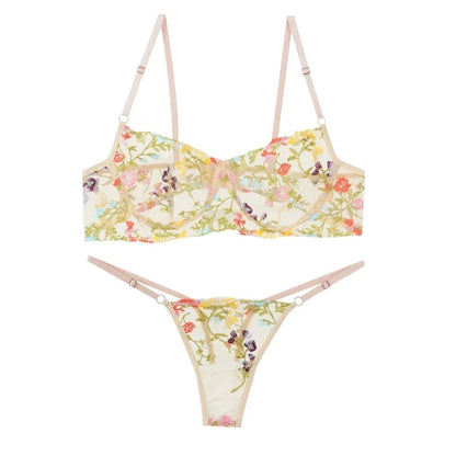 Floral Embroidery Lace Bras Set Women Sheer 2-Piece Sexy Bra + Panties Lingerie Fashion Underwear Set Intimates