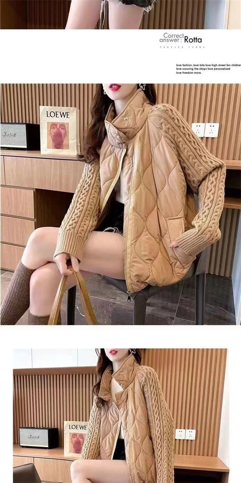 Stand Collar Sweater Sleeve Splicing Down Cotton Jacket Women Autumn Winter Warm Down Cotton Parkas 2025 New Female Fashion Coat