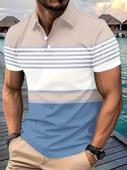 2025 New Men's Summer Short Clothes Sleeved Lapel 3D Digital Printed Striped Polo Shirt Men's Business Casual Top Clothes
