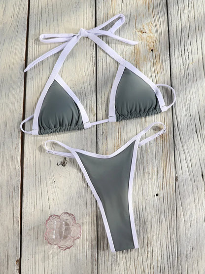 Halter Bordered Swimsuits Women Triangle Bikini 2025 Bandage Swimwear Print Bathing Suit Sexy Biquini Mujer Low Waist Beach Wear